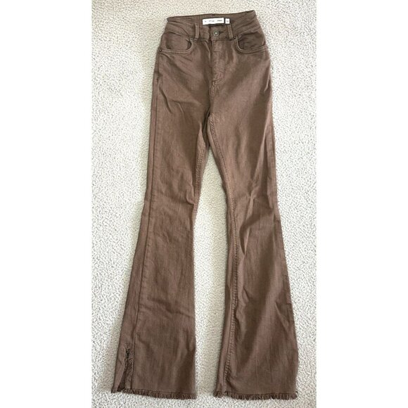 Subdued Soft Flare Jeans Womens High Rise Smile Brown Raw Hems Stretch - Picture 1 of 16